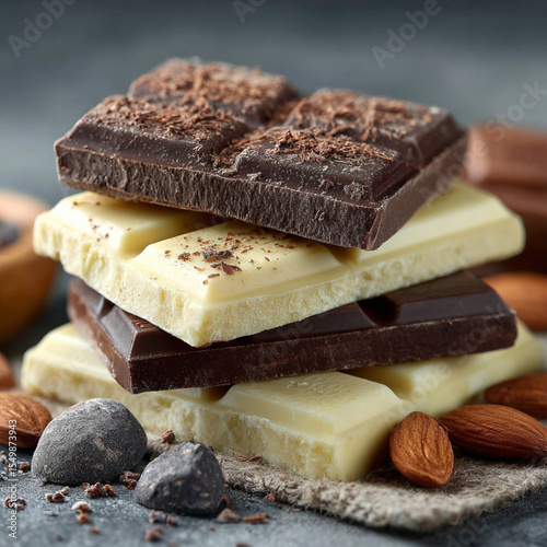 Pieces of chocolate bar. milk chocolate dark chocolate white chocolate