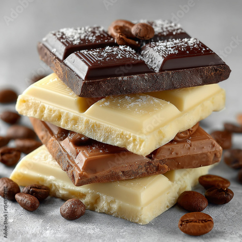 Pieces of chocolate bar. milk chocolate dark chocolate white chocolate