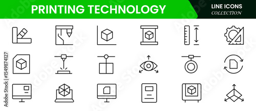 Futuristic vector web line icons depicting 3D, 4D printing, additive manufacturing, prototypes, and innovative fabrication for advanced technology solutions.