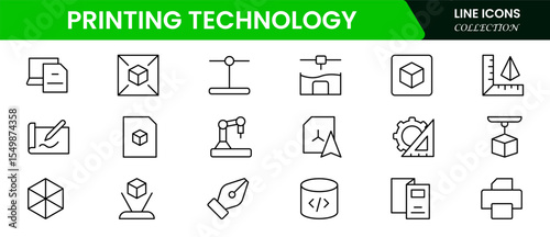 Futuristic vector web line icons depicting 3D, 4D printing, additive manufacturing, prototypes, and innovative fabrication for advanced technology solutions.