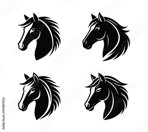 Set of vector black and white horse head silhouette on white background