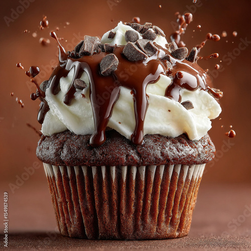 Chocolate cupcake with oozing caramel filling, juicy and decadent, hyperrealistic rendering, isolated