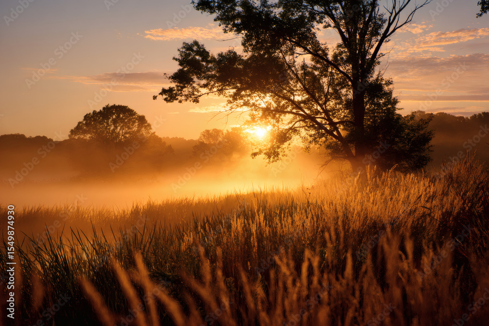 Fototapeta premium Golden sunrise illuminates misty meadow with silhouetted trees and tall grass