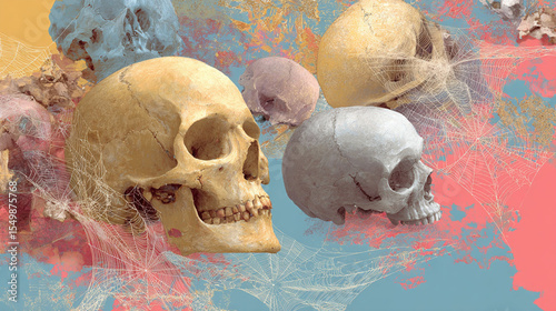 halloween celebration skull on colorful background with spider web