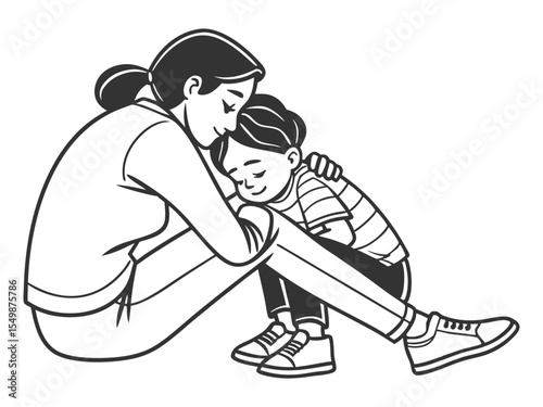 Continuous line little girl child hug cuddle happy young mother show love and care in a relationship. Minimal concept outline. Vector illustration 
