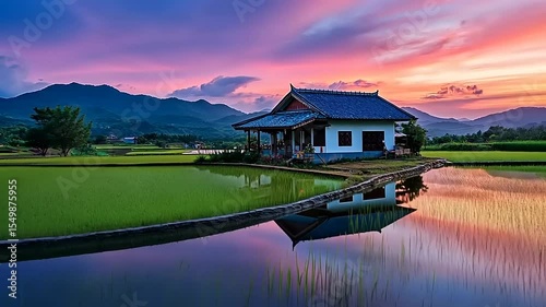 Serene Sunset over Rice Paddies and House