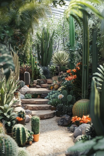 Staircase leading into verdant botanical sanctuary