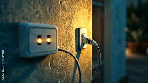 Energy Consumption: Close-up of Plug and Outlet with Glowing Indicator Lights Showing Power Use