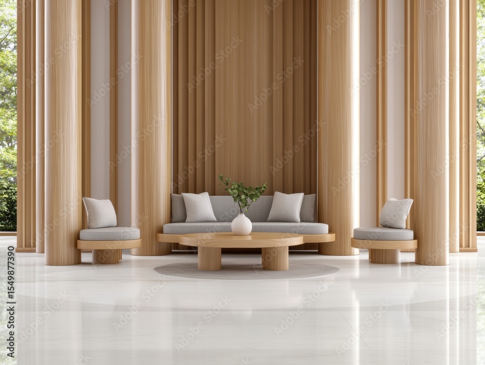 Fototapeta premium Modern minimalist living room with light wood accents