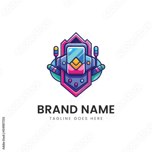 A vibrant, stylized digital logo featuring a shield, futuristic elements, and colorful gradients, ideal for tech or gaming brands.