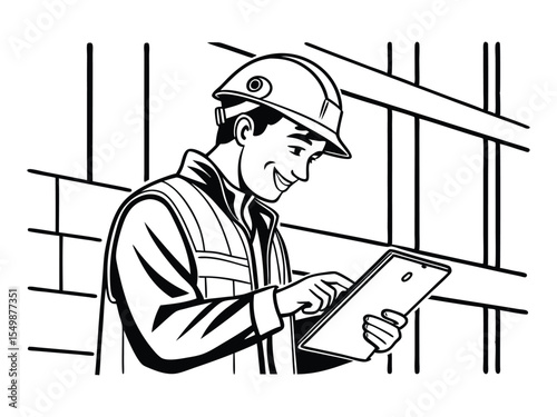 Close-up of a young Caucasian smiling worker with a helmet on his head using a tablet for work while standing in a warehouse.