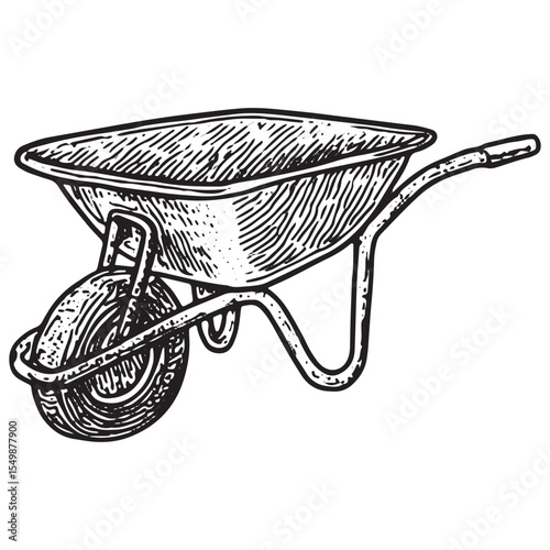 A black-and-white illustration of a wheelbarrow, a versatile construction tool with a single wheel and handles, perfect for site material transport designs