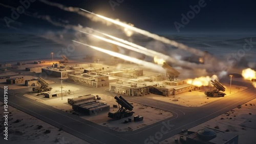 Overhead aerial shot of a desert military base launching powerful surface-to-air missiles into the dark sky, illuminating the surrounding base structures during a night assault.