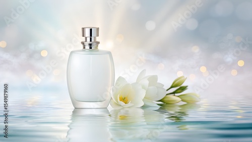 White Perfume Glass Bottle on Water with Freesia Flower and Ethereal Spring Glow in Pastel Background