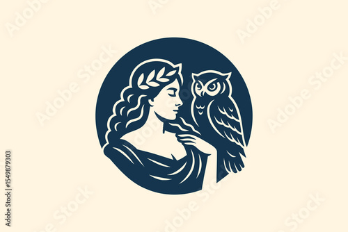 Woman and owl emblem in bold silhouette style vector illustration