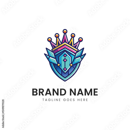 A vibrant, modern logo featuring a stylized shield with a crown, showcasing a blend of blue and purple colors, symbolizing strength and royalty.