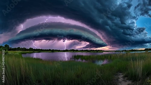 Spectacular Supercell Storm Over Lake with Lightning Strikes at Dramatic Sunset