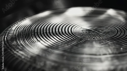 Monochrome abstraction: Circular pattern of concentric lines on metal surface backdrop