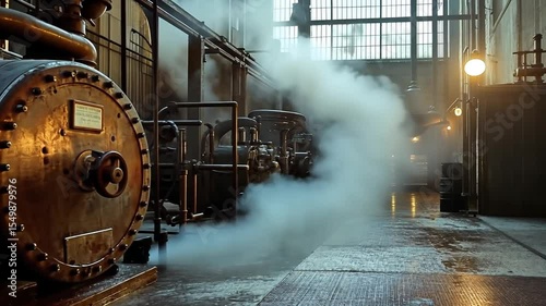 Vintage Industrial Steam Engine Powering Factory with Energetic Vapor Emission