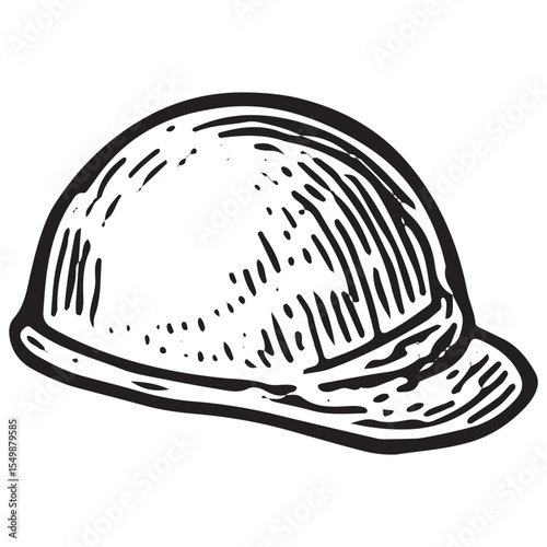 A black-and-white sketch of a hard hat, a key safety gear for construction workers, with a durable design, ideal for occupational safety art