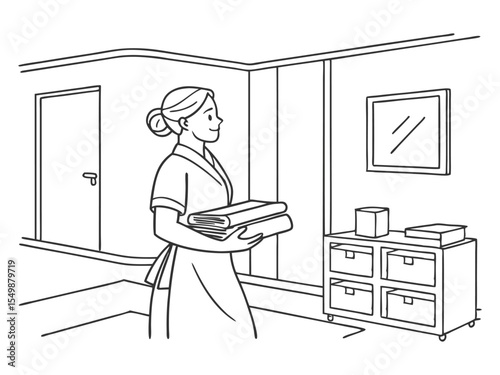 Chambermaid putting a stack of fresh towels in the bedroom, minimal concept, one line. 