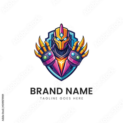 A vibrant and dynamic logo featuring a futuristic warrior with a colorful helmet and gauntlets, set against a shield backdrop, symbolizing strength and bravery.