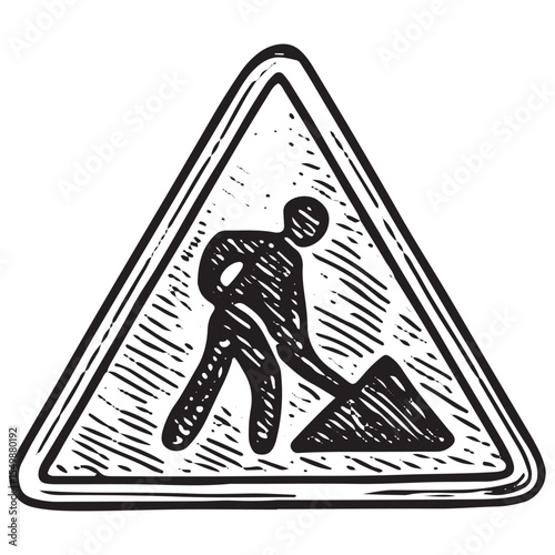 A black-and-white drawing of a triangular warning sign with worker symbols, highlighting construction hazards, ideal for safety and site alert designs