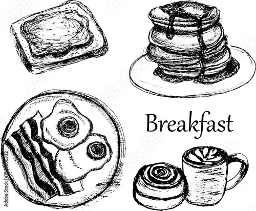 Breakfast illustrations of pancakes, eggs, bacon, and coffee  