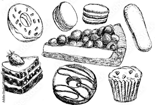 Assorted hand-drawn desserts including cake, cookies, and pastries  
