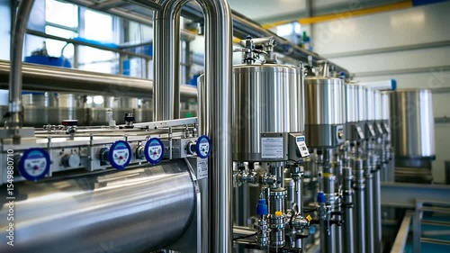Industrial filtration system with shiny stainless steel pipes and equipment details
