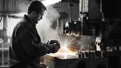 Intense Welding Process: Man at Work in Industrial Setting, Generating Sparks and Smoke