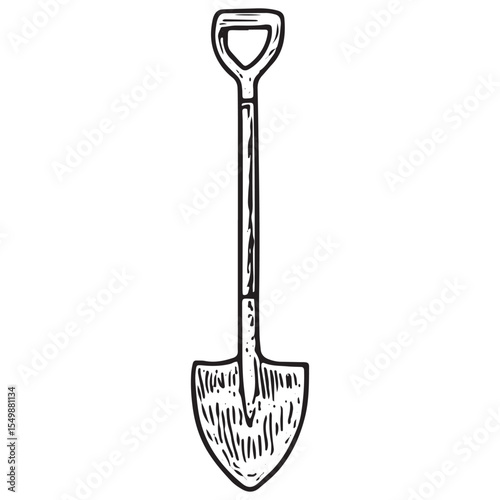 A detailed black-and-white sketch of a shovel with a long handle and broad blade, ideal for gardening, construction, or outdoor work illustrations