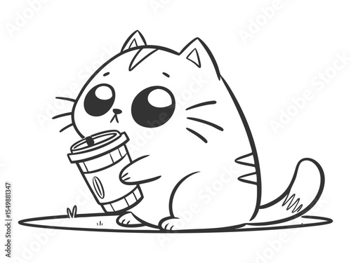 Cartoon cute boring cat drink coffee vector. A cat relaxing while drinking warm coffee, hand-drawn style