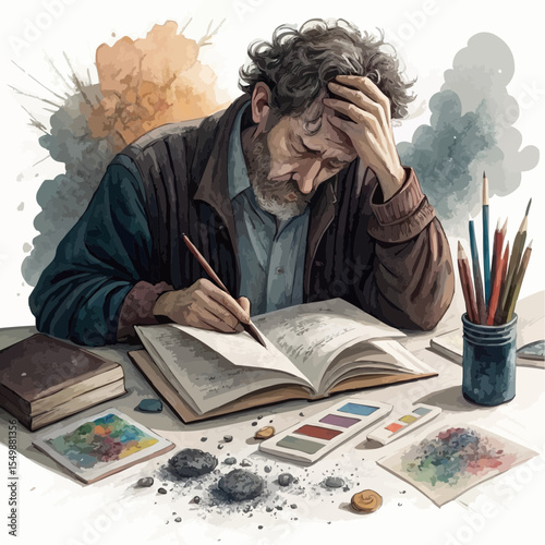 The isolated image of the teacher at the table, littered with papers and educational materials. Made in mixed watercolor and coal technique, with a realistic texture of the skin, books and pencils.