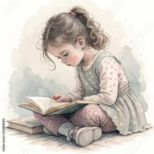 The isolated image of a little girl sitting on the floor and looking thoughtfully at the open book. Made in mixed watercolor and coal pencil technique.