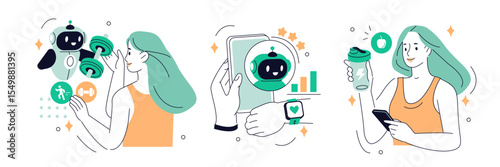 AI coach in fitness. Robot personal trainer. Woman character use artificial intelligence technology tools to create gym training, cardio workout, protein diet. Vector illustration.