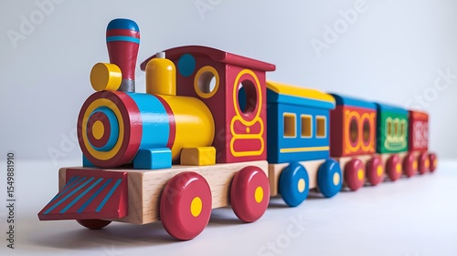 Wooden toy train with colorful blocs isolated over white