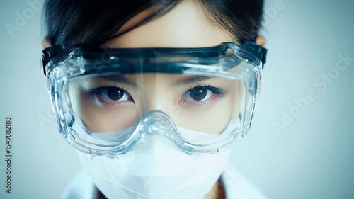Close-up of a woman wearing safety glasses and a mask.