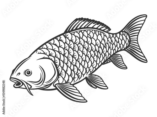 Carp fish with fish scales big fish black and white clipart. 