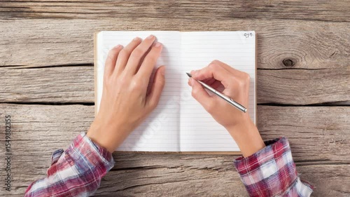 Hand writing in a notebook on a wooden table