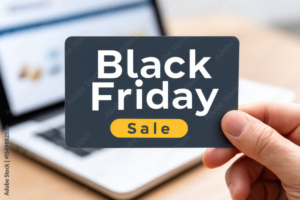 Fototapeta premium Black Friday sale card held by hand with laptop in background, online shopping concept with discount promotion and marketing offer