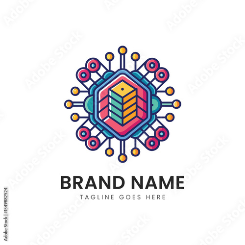 A colorful, modern graphic logo featuring geometric shapes and interconnected lines, ideal for technology and innovation brands. Vibrant hues add a lively touch.
