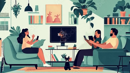 Family Relaxation Time: Cartoon Style Illustration of Parents and Child Watching Dog on TV