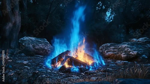 Enchanting Blue Fire Camp in a Mystical Forest Setting with Flickering Embers