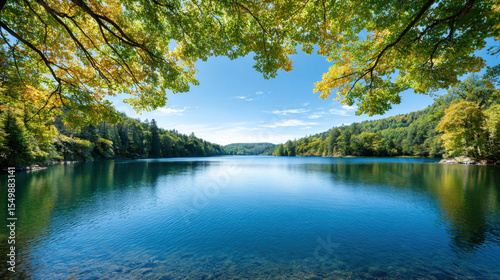 Serene lake surrounded by lush green forest under bright blue sky with scattered clouds, capturing peaceful nature beauty