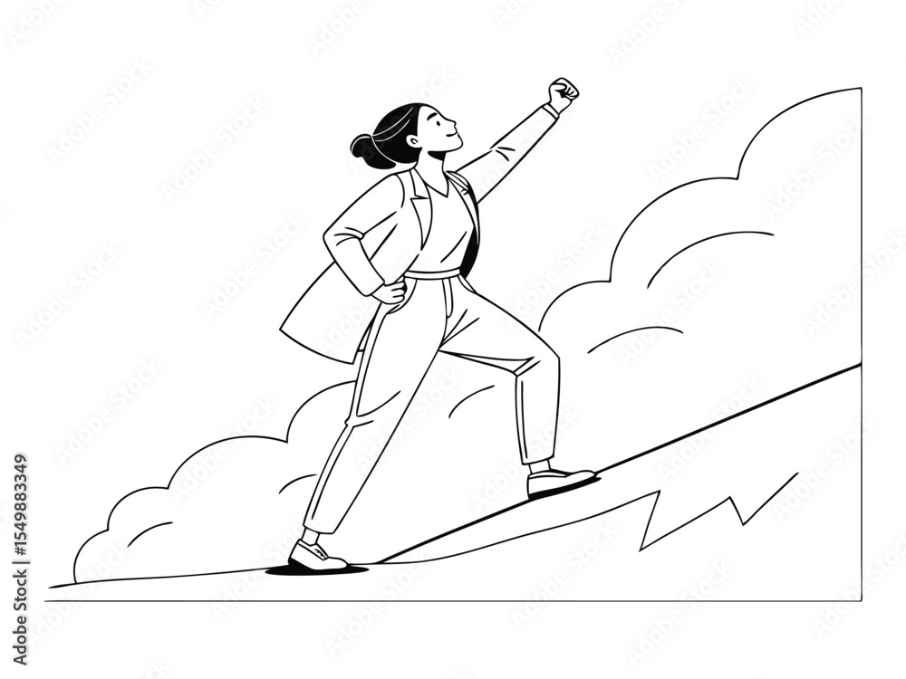 Fototapeta premium Business superwoman concept line drawing hand-drawn illustration. Single one line drawing super businesswoman punches pose