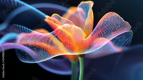 Abstract digital art featuring a vibrant flower with flowing light patterns surrounding it
