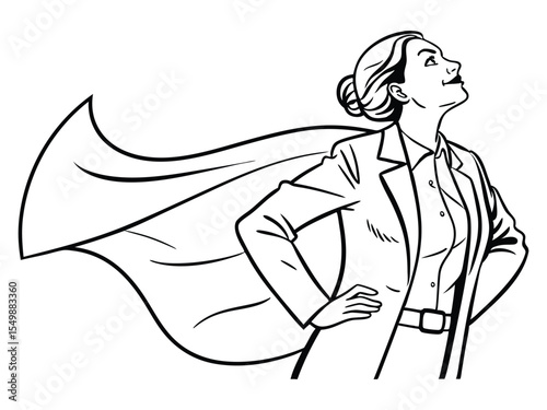 Business superwoman concept line drawing hand-drawn illustration. Single one line drawing super businesswoman punches pose