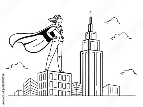 Business superwoman concept line drawing hand-drawn illustration. Single one line drawing super businesswoman punches pose