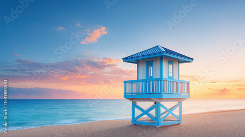 Single unoccupied lifeguard tower stands on empty beach with calm ocean waves and colorful sunset sky creating peaceful atmosphere